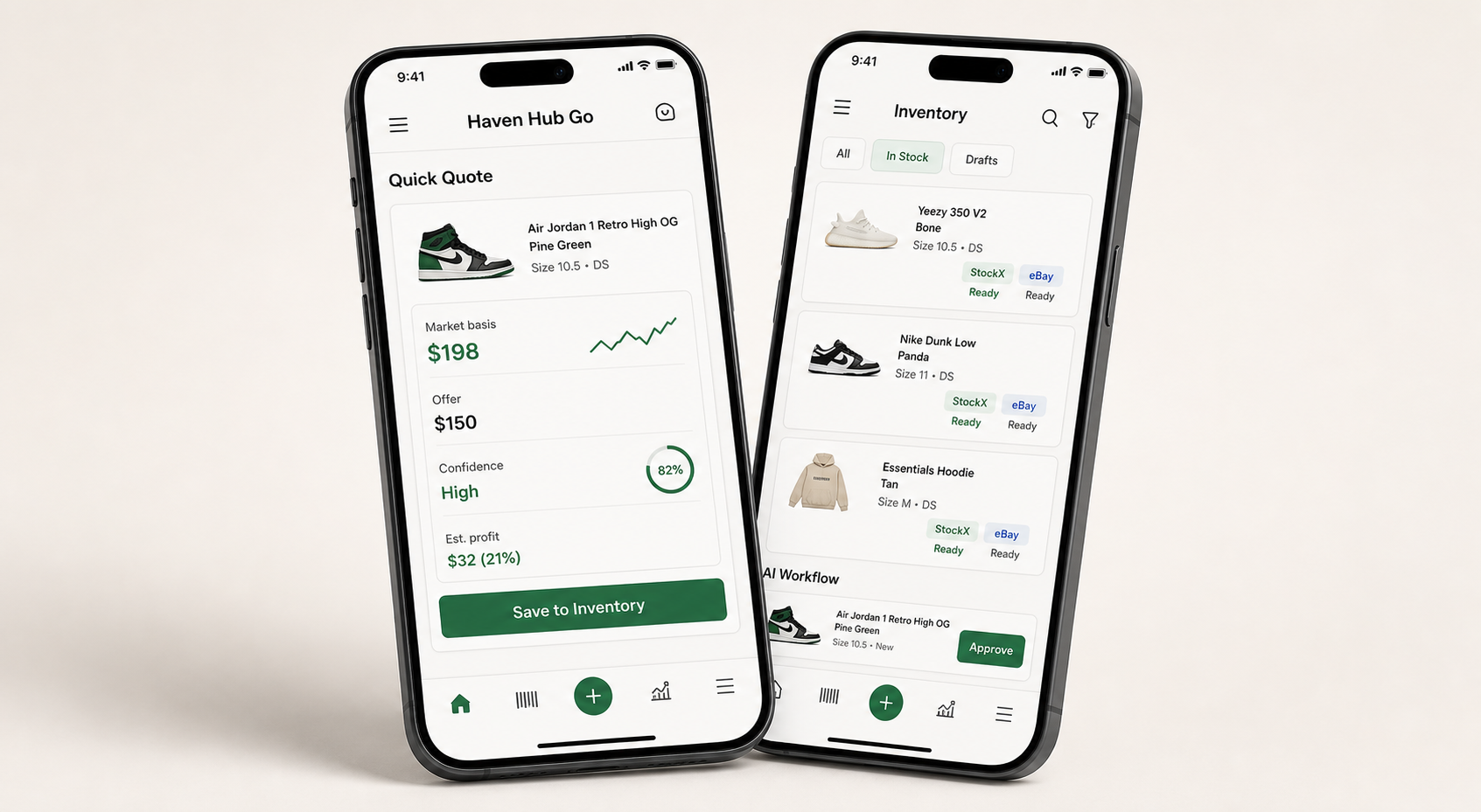 Haven Hub Go mobile app mockup showing quick quote and inventory readiness screens